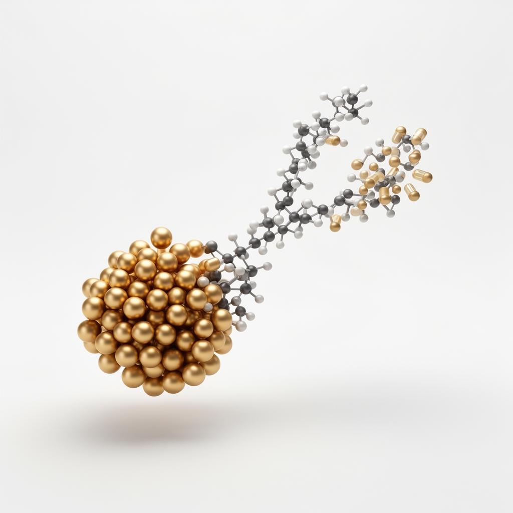 3D illustration of an antibody conjugated via a linker to gold nanoparticles and cytotoxic payload molecules